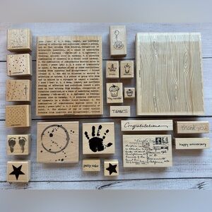 Lot of 22 Wooden Rubber Stamps Stampin Up Woodgrain Typewriter Coffee Baby
